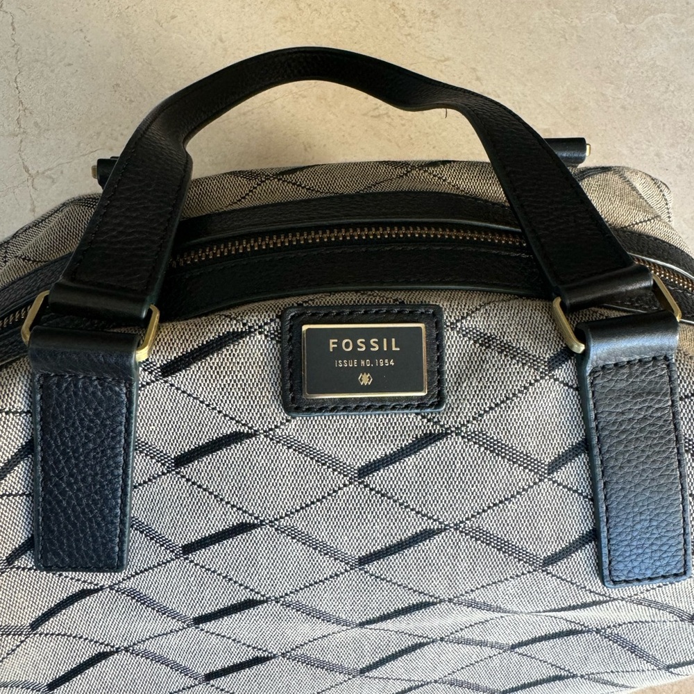 Fossil Jacquard & Black Leather Shoulder Bag Satchel Zipper Geometric Print ✨